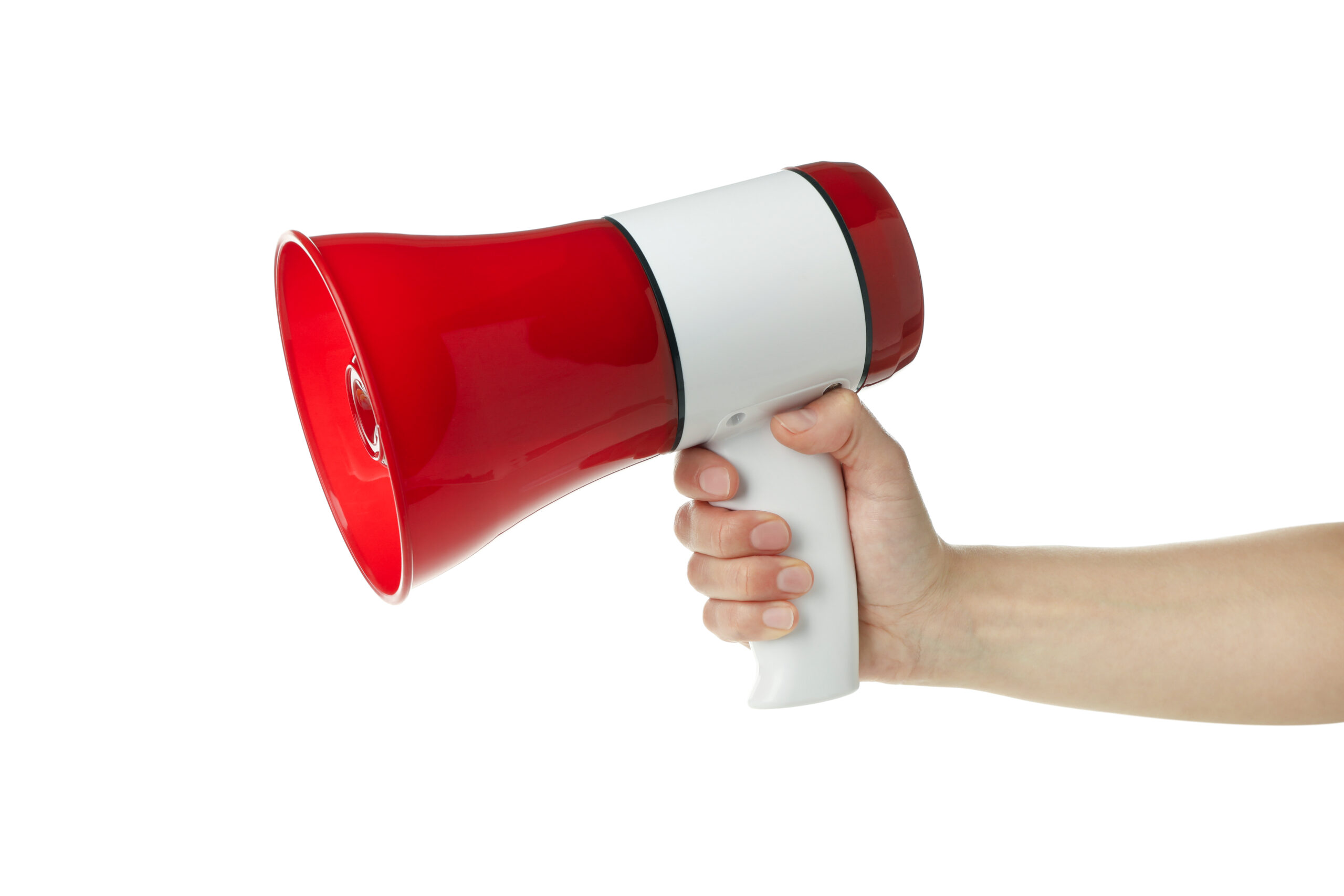 Female hand holds megaphone, isolated on white background PIANO EMERGENZA ED EVACUAZIONE
